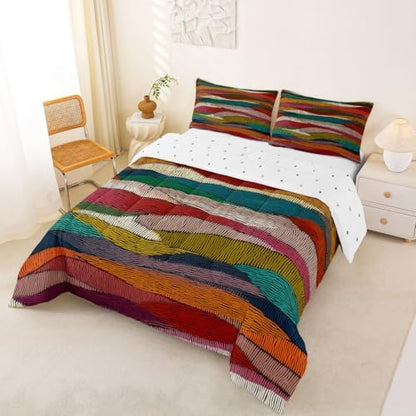 Castle Fairy Boho Wavy Kids Comforter Set,Rainbow Embroidered Waves Bedding Set All Season,Tribal Ethnic Geometric Comforter 2 Pcs with 1 Pillowcase,Toddler Size