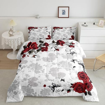 jejeloiu Red Black Rose Comforter Set Full Size Kids Vintage Floral Flower Bedding Set Boys Girls Botanical Leaves Duvet Breathable Blossom Plant Quilt Bedroom Decor,1 Comforter with 2 Pillowcase