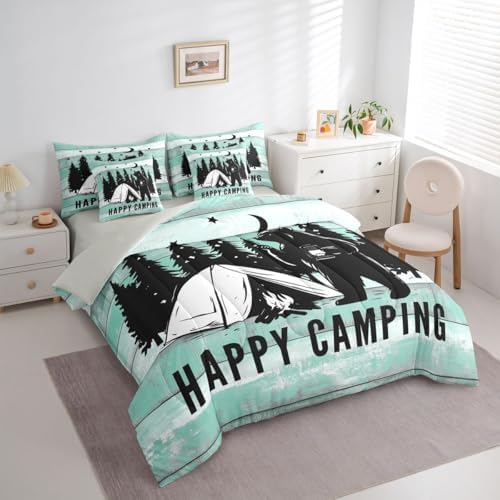 Erosebridal Happy Camping 7 Pieces Bedding Set Full Size,Camping Lover Bed in a Bag,Cabin Funny Bear Bed Set Includes Comforter,Sheet Set,Pillowcases & Pillow Covers,Green Wooden Plank Bedroom Decor