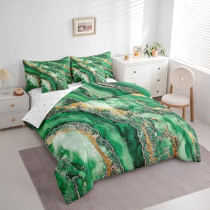 Erosebridal Marble Texture Bedding Set for Kids Teens,Green Golden Marble Grain Comforter Set Full Size,Tie Dye (Comforter+Fitted+Flat Sheet+2 Pillowcases+2 Throw Pillow Covers) 7 Pieces Bed Set