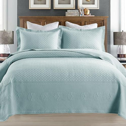 MarCielo 3-Piece 100% Cotton Oversized Bedspread Lightweight Quilt Coverlet Embroidery Farmhouse Bedding Set (TM Mint Green, Oversized Queen (100"x106"))