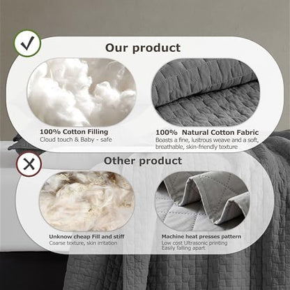 palassio Dark Grey 100% Cotton Quilt King Size Bedding Sets with 2 Pillow Shams, Textured Lightweight Soft Bedspread Shabby Chic Coverlet, Quilted Comforter Bed Cover for All Season, 3 Pieces