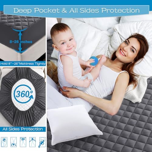 GRT Queen Size Waterproof Mattress Pad, Grey Quilted Mattress Protector