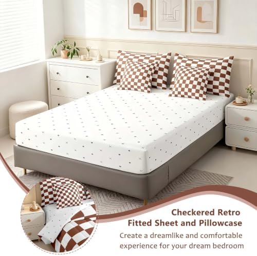 Feelyou Checkered 7 Piece Bedding Set Teen Coffee Brown White Plaid Comforter Set with Sheets Full Size Kids Boys Cute Retro Neutral Checkerboard Geometric Bed in a Bag Vintage Aesthetic Room Decor