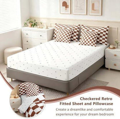 Feelyou Checkered 7 Piece Bedding Set Teen Coffee Brown White Plaid Comforter Set with Sheets Full Size Kids Boys Cute Retro Neutral Checkerboard Geometric Bed in a Bag Vintage Aesthetic Room Decor