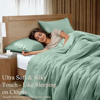 King Duvet Cover Set 3 Pieces, 100% Organic Viscose derived from Bamboo, Luxuriously Soft & Cooling, 1 Duvet Cover and 2 Pillowcases, 104" x 90"(King, Sage Green)