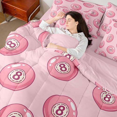 Erosebridal Pink Lucky 8 Ball King Bedding Set 7 Piece for Girls Room Decor,Fashion Trendy Y2K Comforter Set for Kids Teen Adults,Girly Coquette Preppy Bed in A Bag Aesthetic Funky Y2K Bed Set