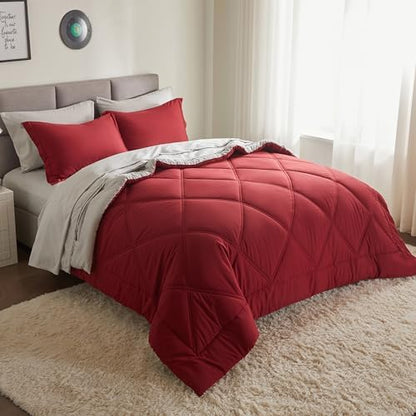 Joiedomi King Size Comforter Set with Sheets Red, 7 Pieces King Bedding Set with 1 Down Alternative Comforter, 1 Flat Sheet, 1 Fitted Sheet, 2 Pillowcases and 2 Pillow Shams, Bed in a Bag All Seasons