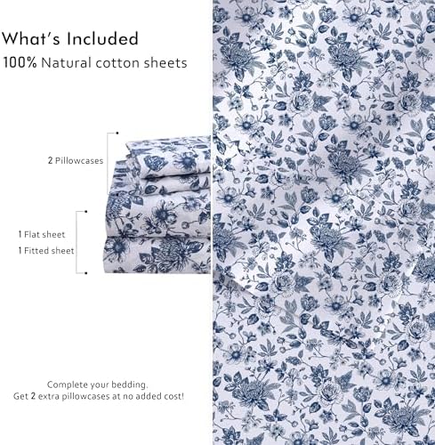 RUVANTI 100% Cotton Twin XL Sheets, Percale Weave Twin XL Set, Wild Flower