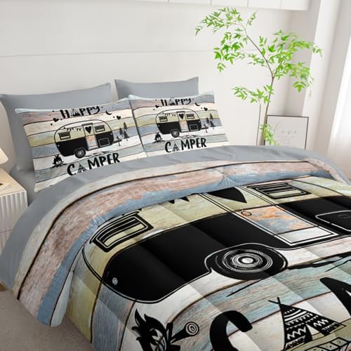 HOSIMA 7Pcs Vintage Camping Travel Trailer Printed Twin Bedding Sets.