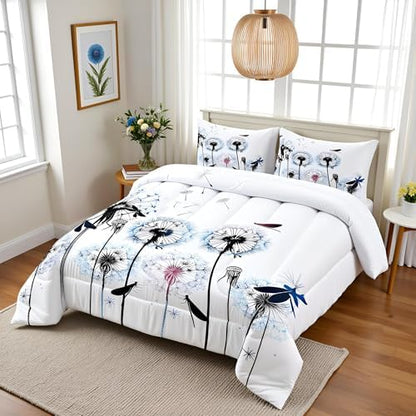 Castle Fairy Dragonfly Comforter Set Full Size,Colorful Dandelion Bedding 3pcs for Kids Girls Woman Adult Room Decor,Nature Flying Animals Plants Quilt Modern Boho Duvet Insert,2 Pillowcases,White