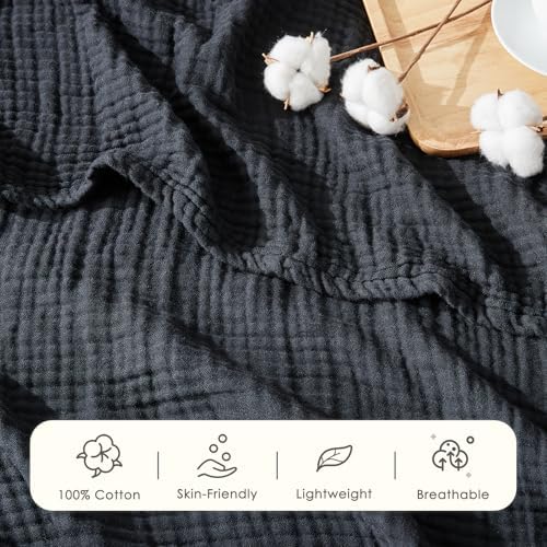 EMME Muslin Blankets for Adults Throw Blanket for Couch Breathable Gauze Soft Lightweight Airy Black Super King