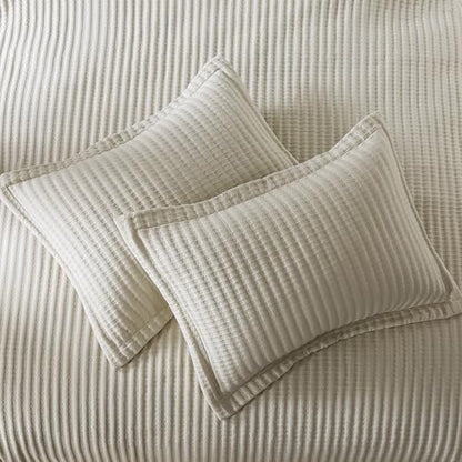 WDCOZY Beige Queen Size Quilt Set, Striped Pick Stitch Bedspread