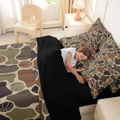 Erosebridal Basketball 7 Piece Bedding Set Queen Camo Comforter Set with Sheets Basketballer Camouflage Pattern Bed in a Bag Sport Theme Brown Green Camo for Kids Boys Teens