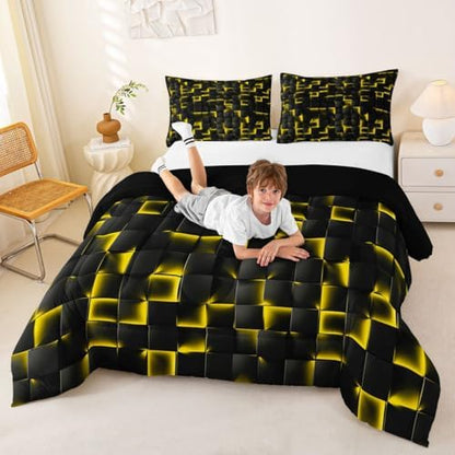 Erosebridal Geometric Checkered Comforter Queen Size Neon Black Gold Comforter Set for Kids Teen Men Gaming Room Decor,Abstract Ombre Plaid Bedding Set Grids Quilt Duvet
