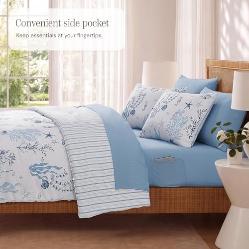 BLOOMHAVEN Full Size Comforter Sets-7 Pieces Coastal Blue Bed in a Bag
