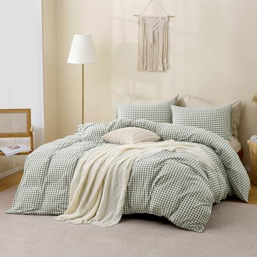 TOCOMOA Green Gingham Duvet Cover Set Washed Cotton Like Linen, Twin