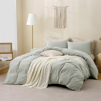 TOCOMOA Green Gingham Duvet Cover Set Washed Cotton Like Linen, Twin