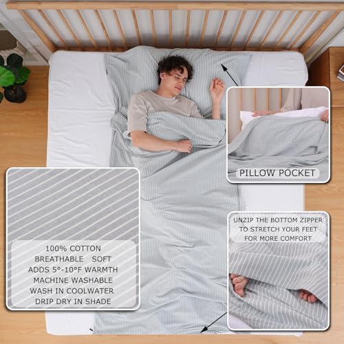 100% Cotton Sleeping Bag Liner with Full Length Zipper on 3 Sides; Single/Double Adult Sleep Sack for Travel & Camping, Multifunctional Travel Sheets (Unzipped 87”x87”) for Hotel, Lightweight