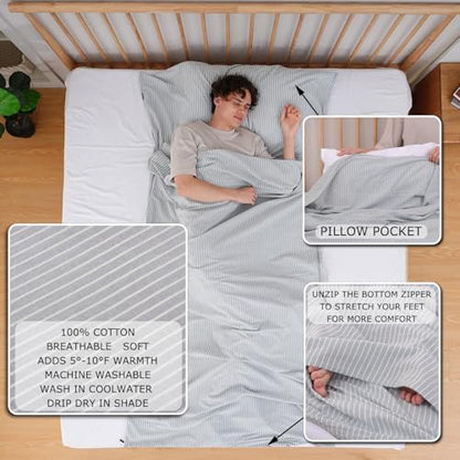 100% Cotton Sleeping Bag Liner with Full Length Zipper on 3 Sides; Single/Double Adult Sleep Sack for Travel & Camping, Multifunctional Travel Sheets (Unzipped 87”x87”) for Hotel, Lightweight
