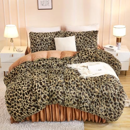 Andency Cheetah Print Brown King Size Comforter Set, Fluffy Bedding Set