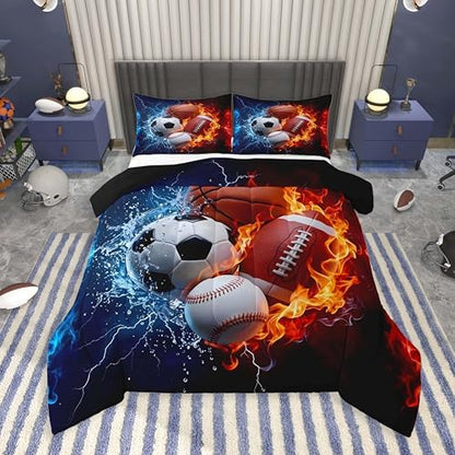 Feelyou Boys Sports Comforter Set Queen Size Football Baseball Soccer Bedding Set Basketball Duvet Quilt for Kids Boys Bedroom Ball Game Sports Decor Microfiber Ultra Soft Breathable