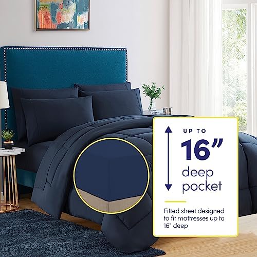 Sweet Home Collection 5 Piece Comforter Set Bag Solid Color All Season Soft Down Alternative Blanket & Luxurious Microfiber Bed Sheets, Navy, Twin