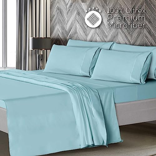 Mueller Ultratemp Bed Sheets Set, Super Soft, 6 Piece California King Sheet Sets, Deep Pocket up to 16", Transfers Heat, Breathes Better, Hypoallergenic, Wrinkle-Resistant, Oeko-TEX, Aqua