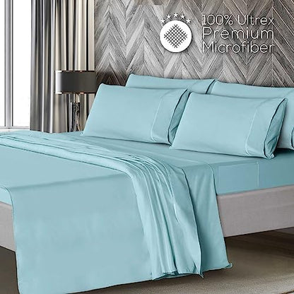 Mueller Ultratemp Bed Sheets Set, Super Soft, 6 Piece California King Sheet Sets, Deep Pocket up to 16", Transfers Heat, Breathes Better, Hypoallergenic, Wrinkle-Resistant, Oeko-TEX, Aqua