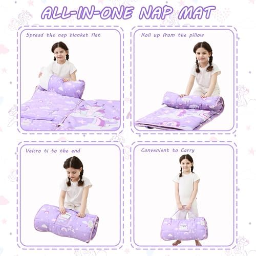 Lasoftan Toddler Nap Mat with Pillow and Blanket, Extra Large Rolled Napping Mats,Slumber Bags for Boys Girls,Kids Sleeping Bag for Daycare, Preschool Travel Camping