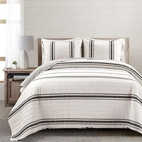 Lush Decor Farmhouse Stripe Reversible Quilt Cotton Queen Size 3 Piece Set Full/Queen Black - Farmhouse Bedding Set Queen Quilt - Striped Bedding
