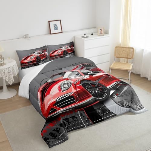 Feelyou Red Race Car Comforter Set Sports Car Bedding Set for Kids Boys Girls Extreme Sport Theme Gorgeous Duvet Set Cool Speed Automobile Decor Quilt Set with 2 Pillowcases 3Pcs Bedding Full