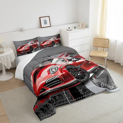 Feelyou Red Race Car Comforter Set Sports Car Bedding Set for Kids Boys Girls Extreme Sport Theme Gorgeous Duvet Set Cool Speed Automobile Decor Quilt Set with 2 Pillowcases 3Pcs Bedding Full