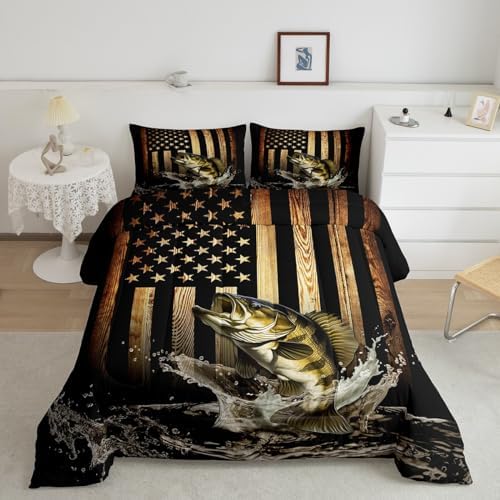 Vintage American Flag Comforter Set,Bass Fish Bedding Set for Kids Teens Men Adult Room Decor,Fishing and Hunting Quilt Set Black Brown Rustic Farmhouse Wood Striped Duvet Insert Twin Size