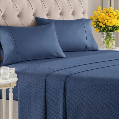 Queen 4 Piece Striped Sheet Set - Breathable & Cooling - Navy Microdots