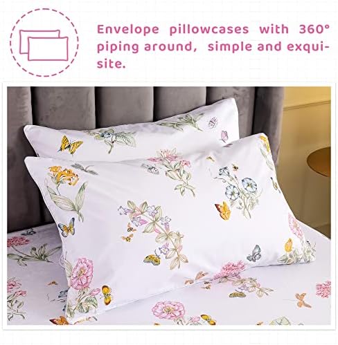 QSH Floral King Size Sheet Sets - Flower Butterfly Print Pattern Egyptian Cotton Printed Bedding Sheets 4pcs Extra Soft and Breathable 17.5" Extra Deep Pocket King Size Sheets