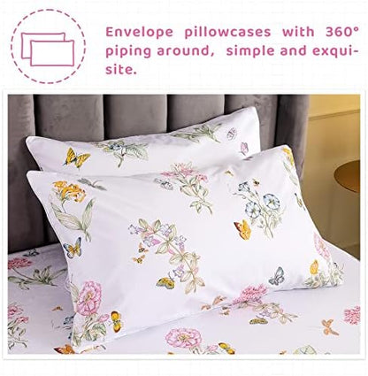 QSH Floral Queen Size Sheet Sets - Flower Butterfly Print Pattern Egyptian Cotton Printed Bedding Sheets Queen Size Bed Extra Soft and Breathable 4pcs Deep Pockets Bed Sheets