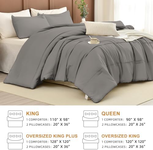 Masaca Grey Oversized King Comforter 120x120,Pinch Pleat California King Comforter Oversized,Vintage Farmhouse Boho Gray Bedding Comforter for All Season