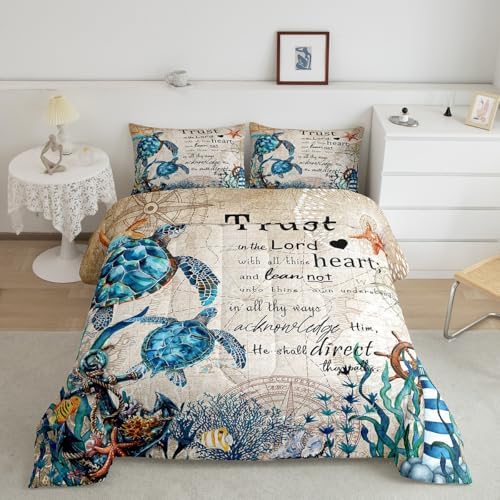 Homewish Sea Turtle Comforter Set King Size,Nautical Anchor Lighthouse Bedding Set 3Pcs for Kids Girls Boys Teens Room Decor,Ocean Animals Quilt Set Vintage Bible Quotes Duvet Insert,2 Pillowcases