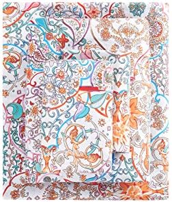 Wake In Cloud - Boho Bed Sheets, 100% Cotton, 4-Piece Sheet Set, Bohemian Hippie Chic Paisley Patterned Aesthetic Bedding, Deep Pocket, Turquoise Orange, King Size