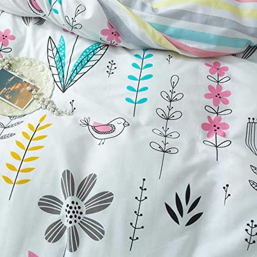 mixinni Girls Flower Leaves Pattern on White Duvet Cover Twin Size Colorful Striped Bedding Comforter Cover Set with Zipper Closure 4 Corner Ties for Teenage Girls (1 Duvet Cover + 2 Pillowcases)