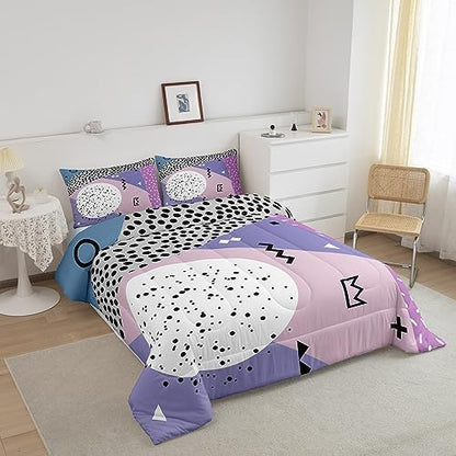 Manfei Memphis Comforter Set Queen Size, Abstract Geometric Retro Bedding Set 3pcs for Kids Girls Room Decor, 80s or 90s Fashion Style Quilt Set Soft Polyester Duvet Set with 2 Pillowcases