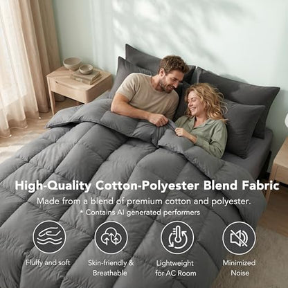 Feather Down Fiber Comforter Twin Size,Premium Ultra-Soft Breathable Comforter High Fill Power Grey Duvet Insert,All Season Hotel Luxury Bedding Comforters 8 Corner & Center Loops,Baffle Box Design