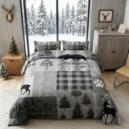 Castle Fairy Deer Bear Quilt Set Full,Grey Geometric Plaid Patchwork Comforter Set for Kids Teens Girls Room Decor,Pine Animals Plants Bedding Set Vintage Outdoor Adventure Duvet Insert,2 Pillowcases