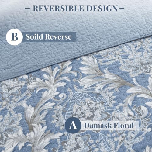 100% Cotton Queen Quilt Set - Classic Damask Quilts Queen Size - Dusty Blue