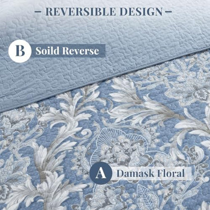 100% Cotton Queen Quilt Set - Classic Damask Quilts Queen Size - Dusty Blue
