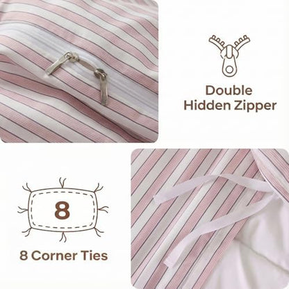 Bedbay Blush Pink Stripe Bedding Set, Cotton Striped Duvet Cover Set King Size,100% Cotton Sateen, Minimal Casual Hotel Style Duvet Cover 3 Piece for All Seasons