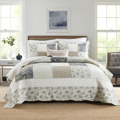 Yvooxny Quilt Set Queen Size Reversible Country Farmhouse Floral Real Patchwork Quilted Bedspread 3-Piece Quilt Set with Pillowcases with Ruffles for All Seasons, 90 x 98 Inches