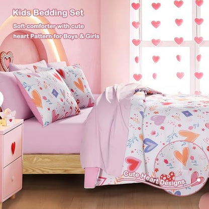 Girls Twin Bedding Set - 5 Pieces Heart Pattern Twin Comforter Set for Kids
