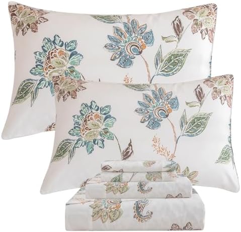 QSH Floral Bed Sheets Queen Size - 100% Egyptian Cotton Sheets Elegant Botanical Leaves Flower Pattern Printed Bedding Sheets Queen Size Bed Extra Soft and Breathable 4pcs Deep Pockets Bed Sheets